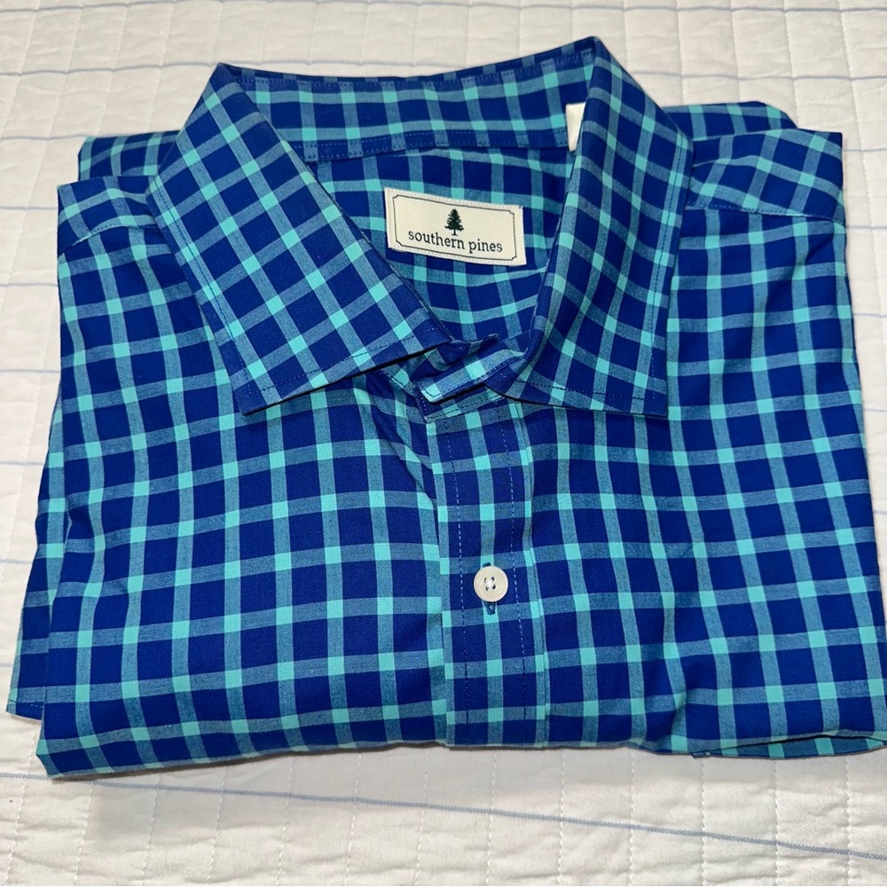 Southern Pines Men’s Long Sleeve Button Down Shirt Teal Checkered‎ Size XXL